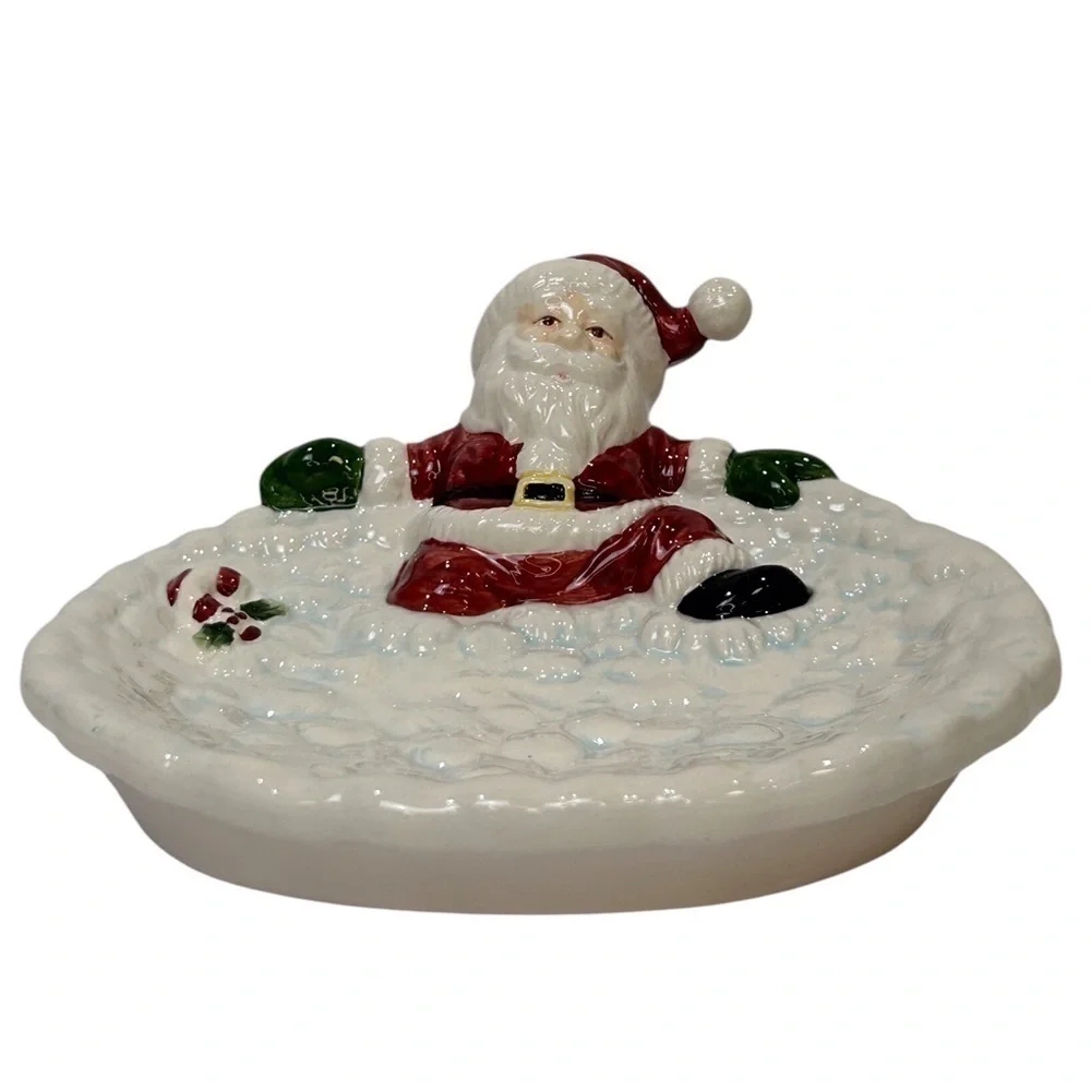 Santa on Snow Soap Dish/Candy Tray Christmas White/Red/Black Porcelain EUC